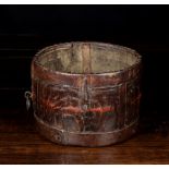 An Antique Dug out Treen Bowl or Grain Measure of cylindrical form with iron bound borders,
