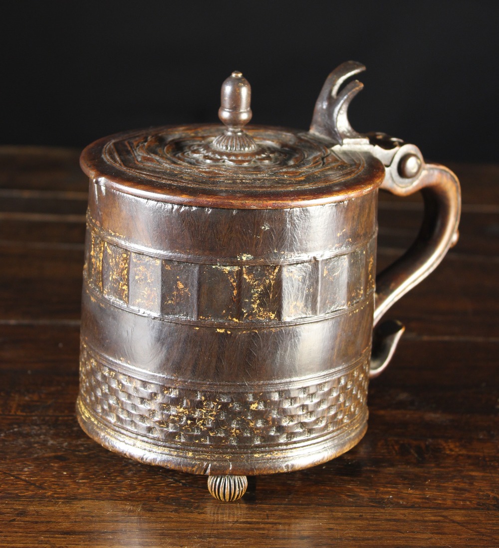 A Fine & Rare 17th Century Treen Lignum Vitae Tankard with engine turned decoration and bands of