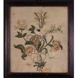 An Early 19th Century Silkwork Picture embroidered with a bouquet of flowers tied in ribbon on a