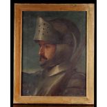 A 19th Century Oil on Canvas: Head & shoulders profile of a man in armour,