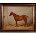 An Oil on Canvas: Portrait of a Chestnut Horse in Stable, initialed B.L.AEDG.S.B.