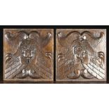 A Pair of 17th Century Oak Panels carved with winged angel heads 13½ ins x 13 ins (34 cms x 33 cms).