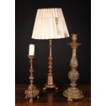 Three Turned Wooden Lamps: An elaborately decorated giltwood candle-stand with a lotus petalled