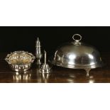 A Silver Plated Meat Platter with jus reservoir & domed cover, a wine funnel,