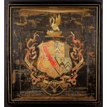 An 18th Century Silk Embroidery of Heraldic Crest entwined with scrolling banner inscribed;