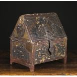 A Medieval Style Lacquered Casket of rectangular form with a deep apexed lid on iron 'calliper'