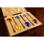 A Set of Six Pretty Silver & Enamel Coffee Spoons by Harford Works, Harford Street,