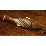 A Rare 19th Century Mahogany Fish-shaped Knitting Sheath inset with bone fins,