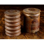 Two 19th Century Treen Lidded Spice Pots of cylindrical form.