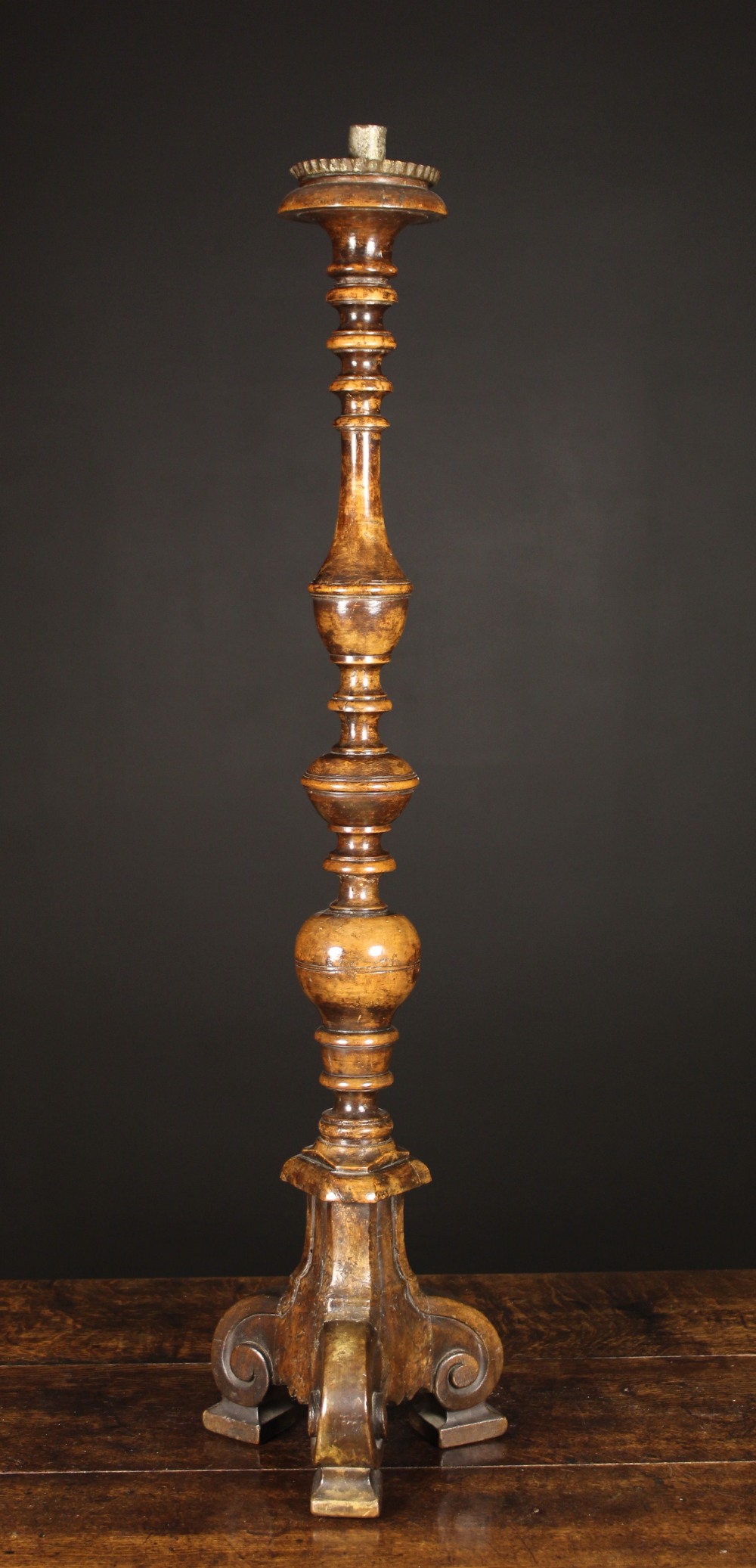 A Early 18th Century English Turned Walnut Candle Stand.