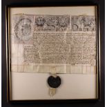 A Framed 17th Century Document hand-scribed beneath an elaborate engraved header with CR Crest,