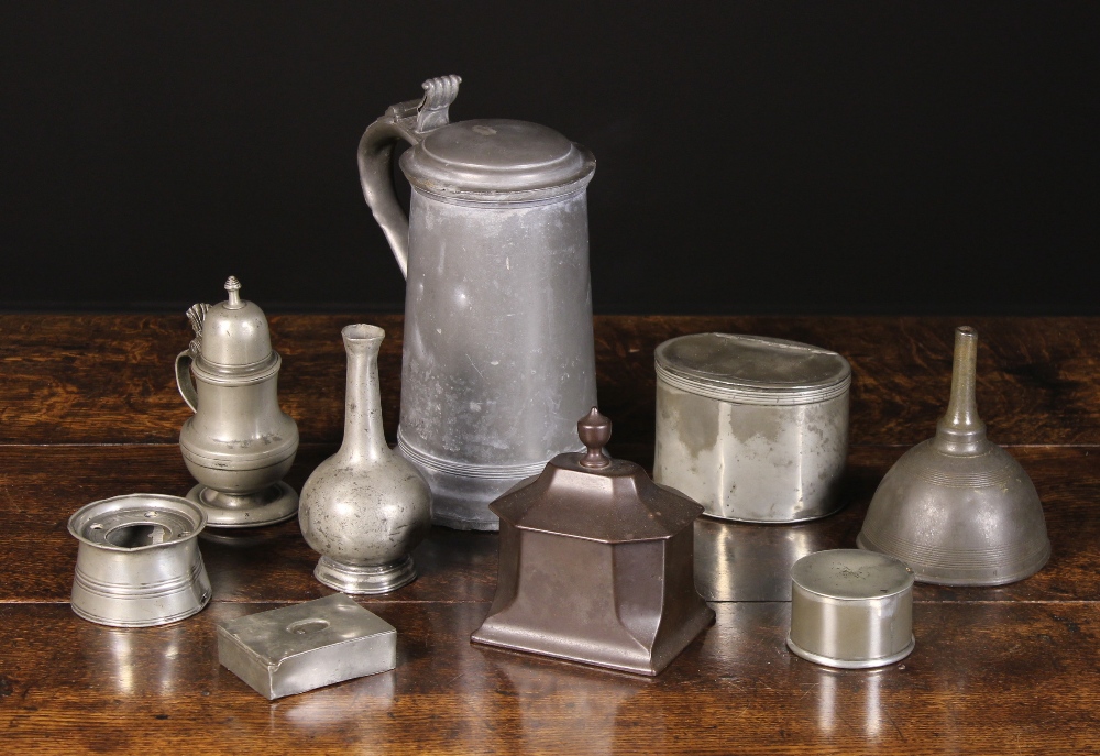 A Collection of 18th and 19th Century Pewter to include an oval tea caddy, a snuff box,