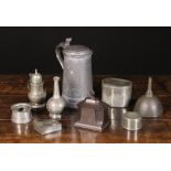 A Collection of 18th and 19th Century Pewter to include an oval tea caddy, a snuff box,