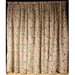 Three Crewel Work Tab-topped Curtains embroidered in coloured wools on a linen ground with