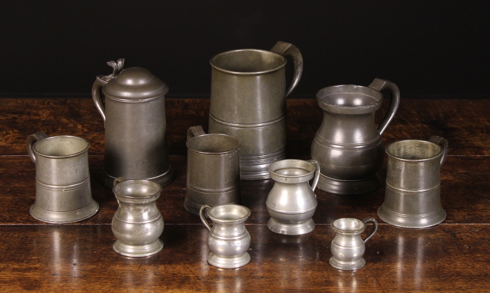 A Collection of Ten 19th Century Pewter Tankards and measures mostly by 'James Yates' and 'Gaskell