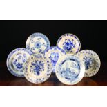 A Collection of Seven Late 18th Century Blue & White Delft Plates hand painted with various designs