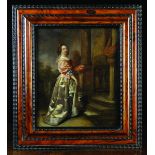 An Oil on Oak Panel: Full Length Portrait of 17th Century Lady dressed in finery holding a basket