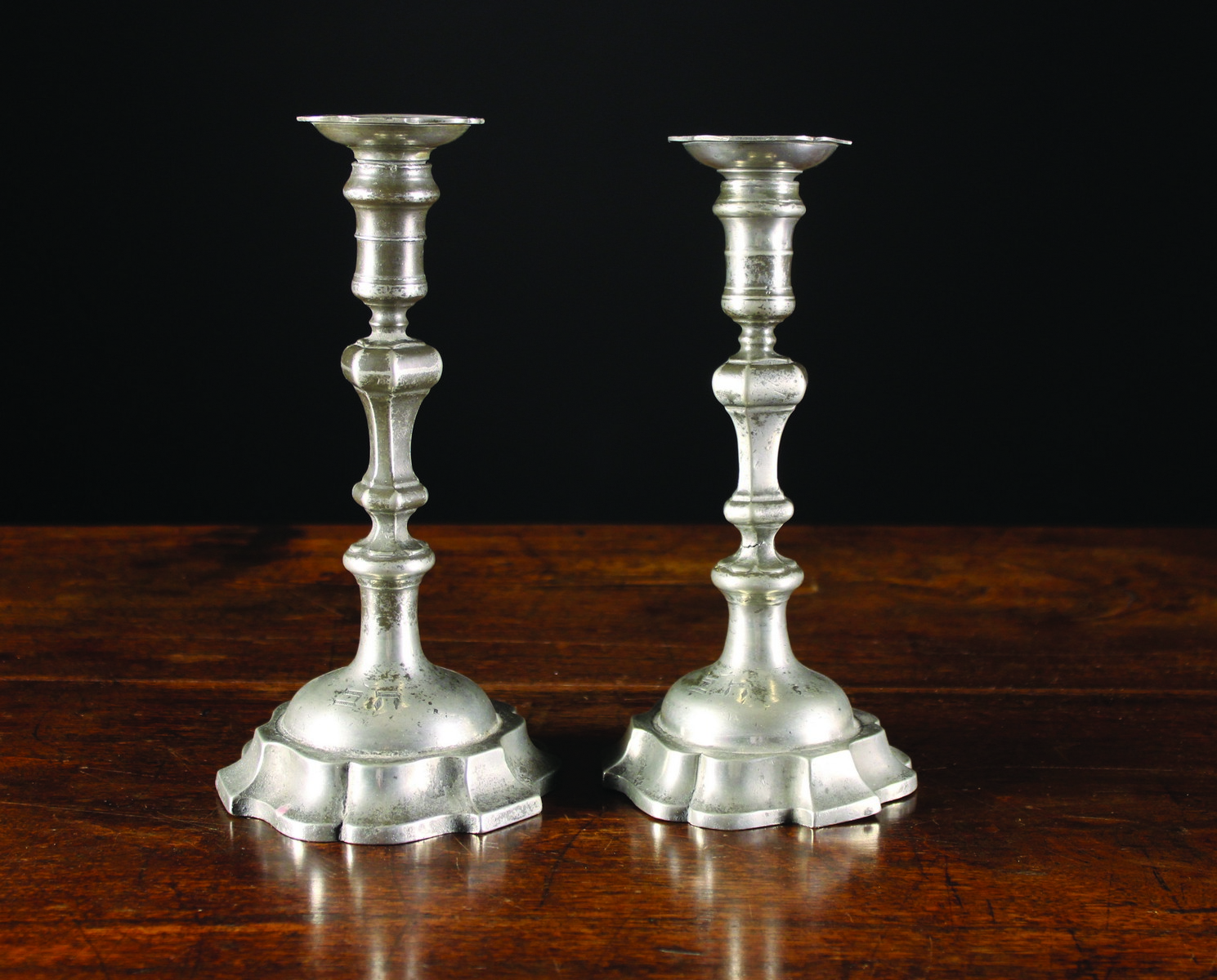 A Pair of 18th Century Dutch Pewter Candlesticks by Nicholas Kraan of Amsterdam,