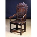 A Splendid 17th Century Yorkshire Carved Oak Wainscot Chair inlaid with chevron banding,