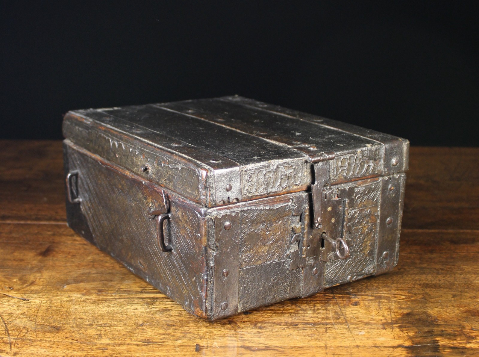 A 16th Century French Leather Clad Iron Bound Missal Box with cross-hatched decoration,