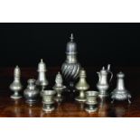 A Collection of Various Antique Pewter Cruets: Six salt/pepper shakers,