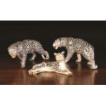 Three Staffordshire Leopards hand painted with black spots: Two prowling with printed green Crown