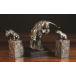 Three Bronze Animals by Milo: A Wild Cat descending a rocky outcrop,