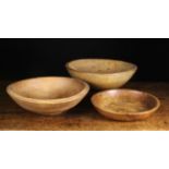 Three Treen Dairy Bowls: Two 19th century sycamore bowls 20½ ins (52 cms) and 19 ins (48 cms) in