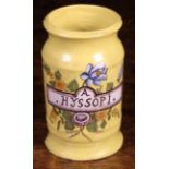 A Pretty Late 18th/19th Century 'Jaune de Marsaille' Faience Drug Jar for Hyssop.