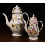 Two 18th Century Pearlware Coffee Pots & Covers: A large Yorkshire baluster pot decorated with