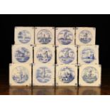 Twelve 18th Century Blue & White Delft Tiles hand painted with scenic centre roundels and small