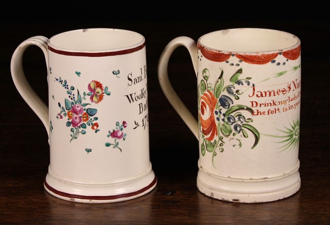 Two Late 18th Century Leeds Creamware Mugs: One inscribed in black; 'Sam;.