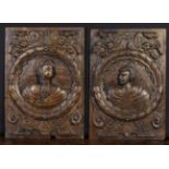 A Pair of 16th Century Romayne Panels carved with portrait busts of man & wife in leafy roundels
