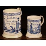 Two 18th Century Cream-ware Mugs decorated in blue by the same hand with charming figural scenes;