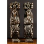 A Pair of 16th Century Carved Oak Figural Terms: A bearded Atlante having out-swept hair;