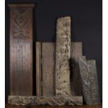 Collection of Five Carved Wooden Fragments: Two rails carved in relief with renaissance scrolls of