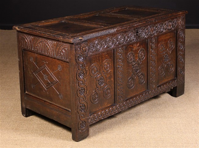 A Charles I Triple Panelled Oak Coffer dated 1636.