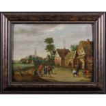 An 18th Century Oil on Panel in the style of David Teniers depicting a Rural Village scene with a