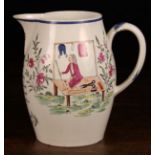 An 18th Century Pearlware Jug decorated with a tailor sat on a cutting table outside and sprays of