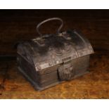 A Small 16th/17th Century Dome Topped Iron Casket with a handle to the lid and an embossed sheet