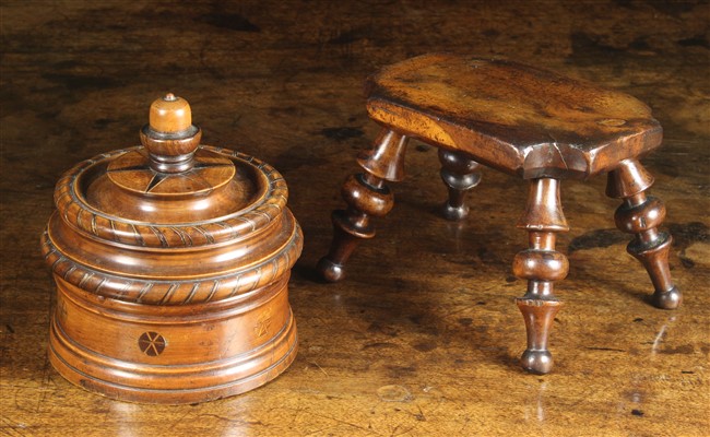 A Yew-wood Lace Maker's Lamp Stool and A Treen Tobacco Pot.