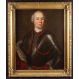 A Fine 18th Century Oil on Canvas laid onto panel: Half Length Portrait of George I dressed in