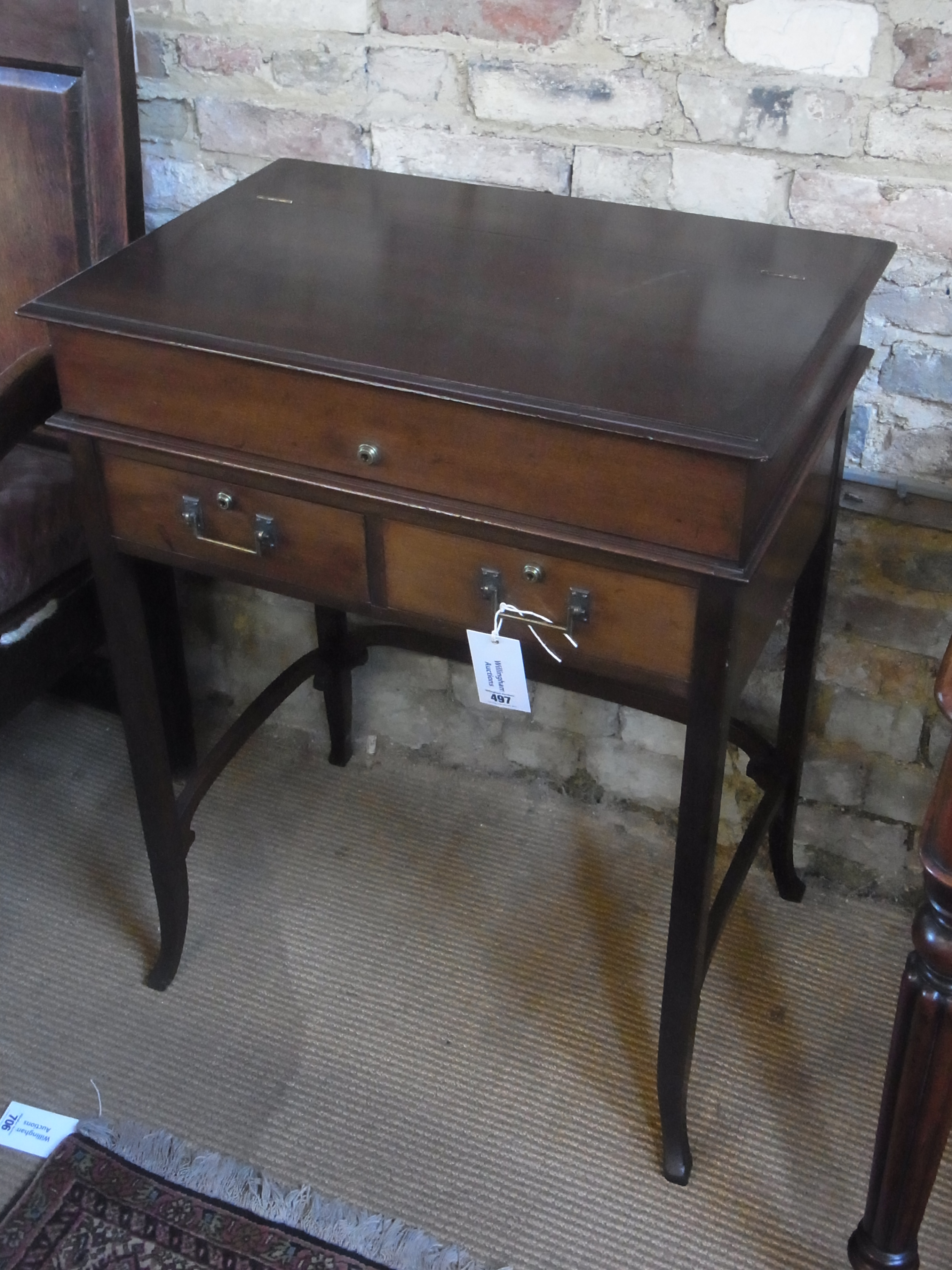 An Edwardian mahogany Campaign writing desk with lift up top  revealing a fitted interior of - Image 3 of 3