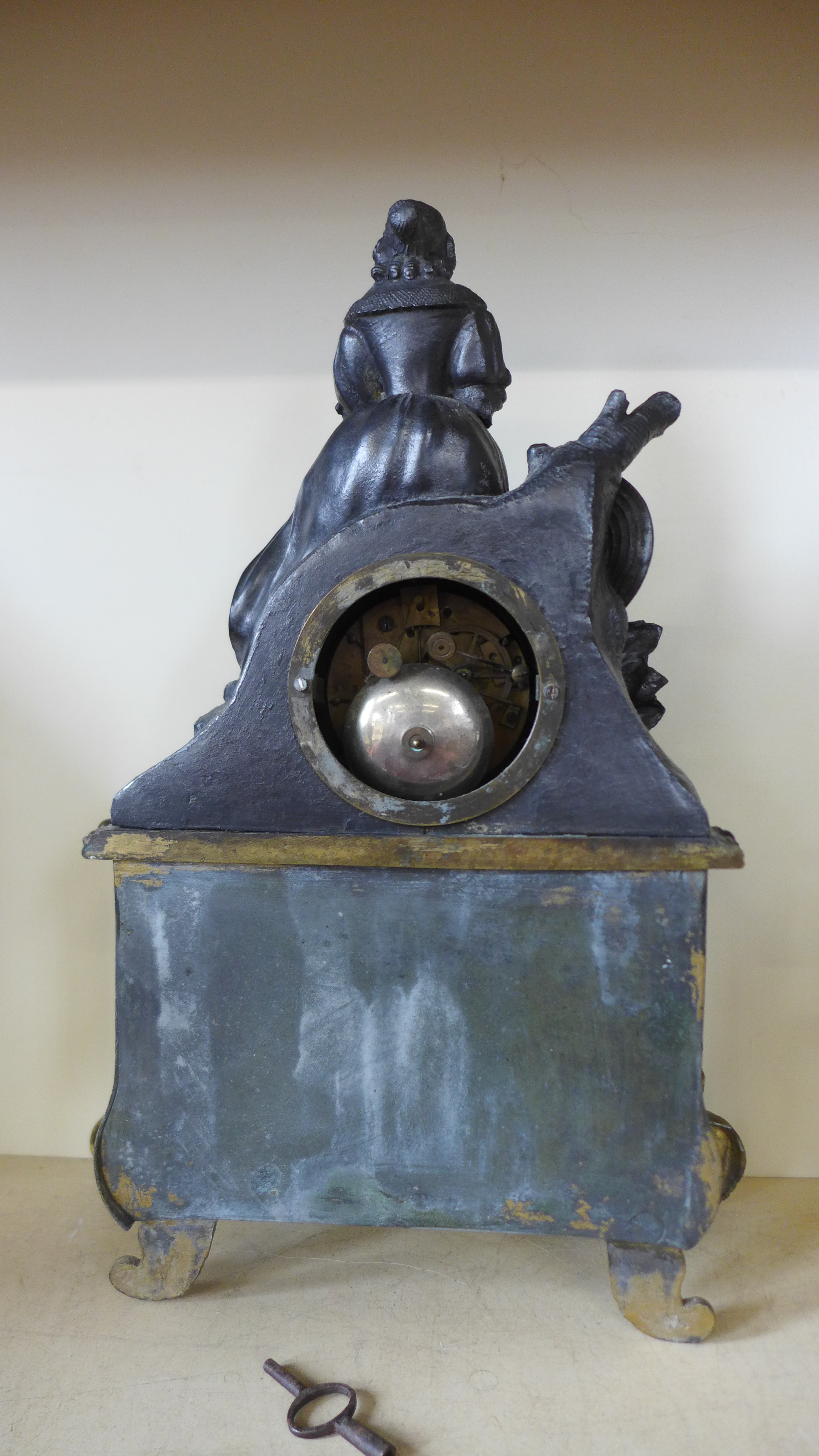A 19th century ormolu marble and spelter figural mantle clock with silk suspension striking on a - Image 2 of 2