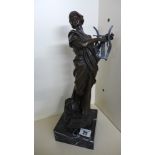 A bronze reproduction sculpture of a classical female figure playing lyre on marble base - Height