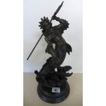 A bronze reproduction sculpture of Neptune on circular marble base - Height 36cm