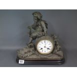 A spelter figural mantle clock striking on a bell - Height 31cm - repairs,