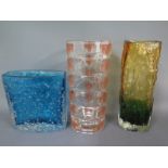 Three Studio glass vases - Height 17cm and 11cm Condition report: Minor chips to base of bark
