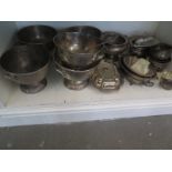 A selection of silver plated items including entrée dishes, soup tureens etc.