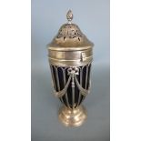 A silver caster with a blue glass liner - Chester 1901/02 E J H N H - Height 15cm Condition